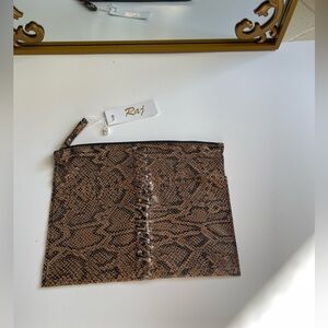 NWT Raj Anthropologie Brown Snakeskin Print flat zip clutch/makeup bag Deadstock